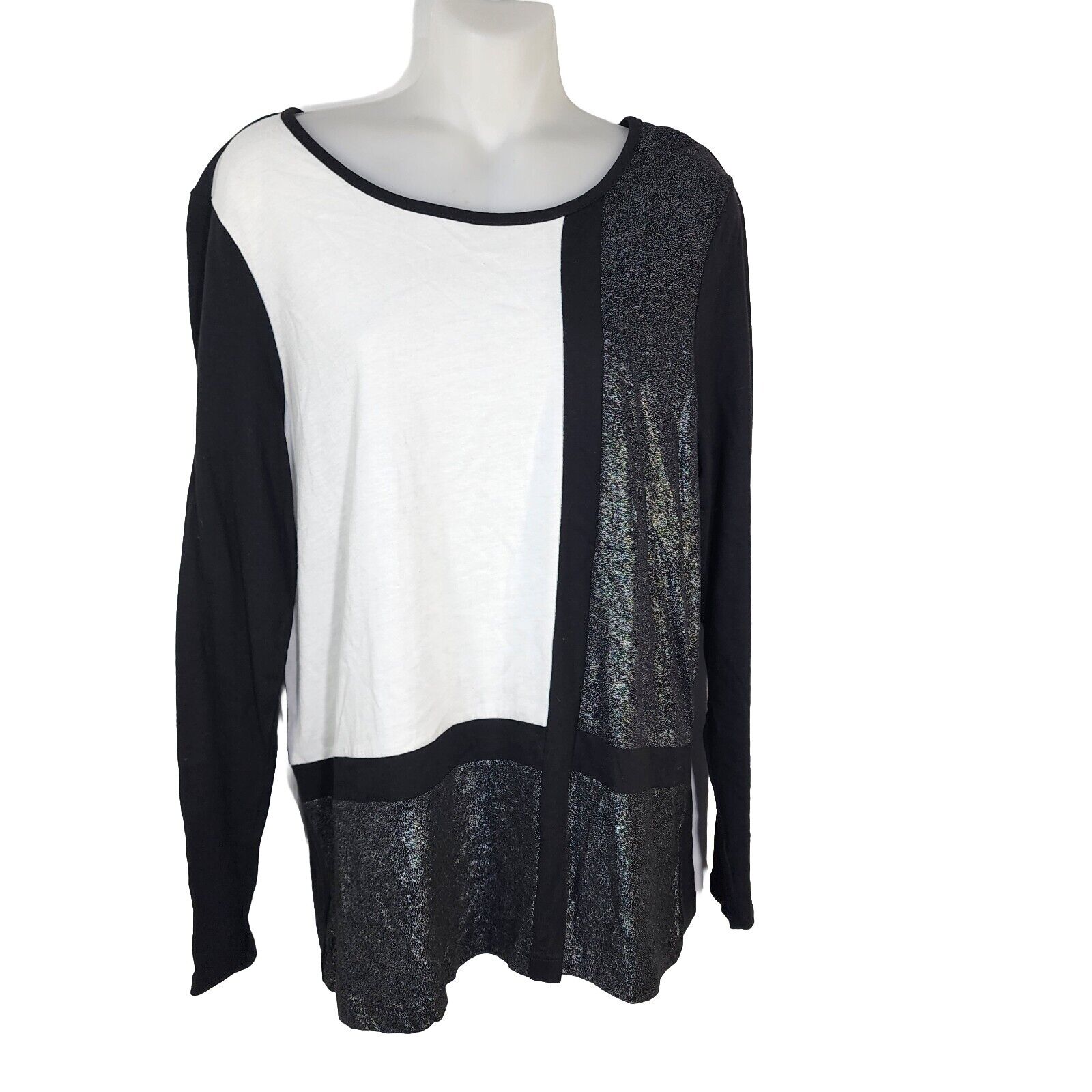 Chico's Womens Top Size 1 Medium Black White Colorblock Foil Scoop Neck Long Slv